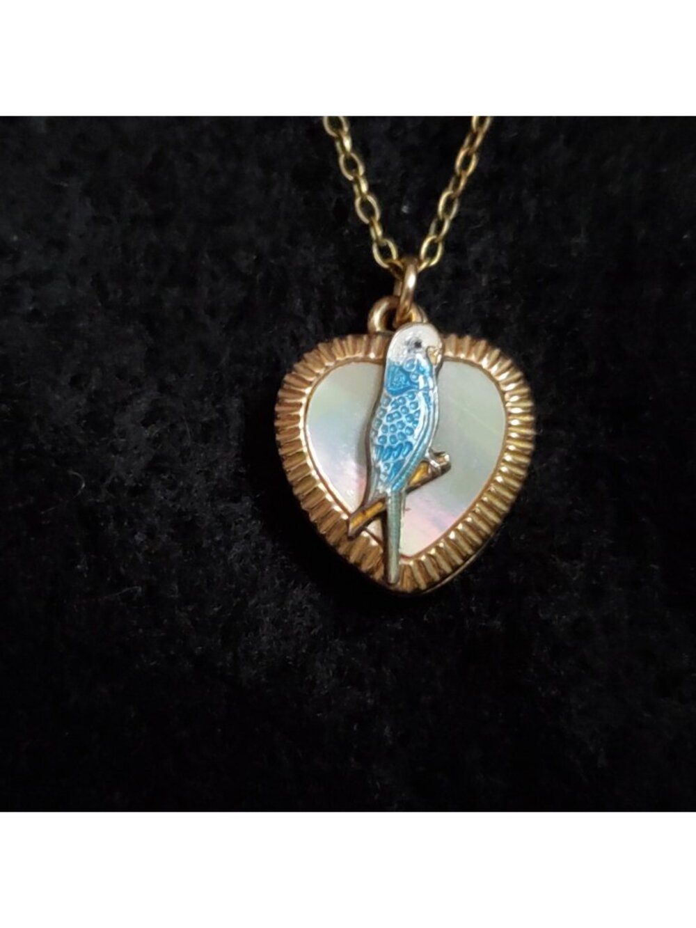 Vintage Heart Locket Pendant Parakeet Bird Gold Plated .5"
